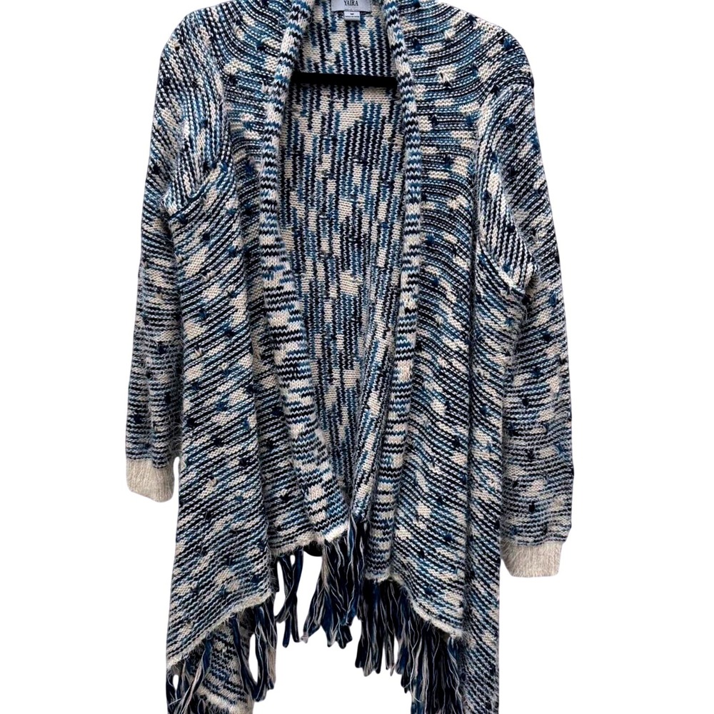 Yaira Open Front Fringe Cardigan Blue Space Dye Medium Boho Coastal Knit Sweater - Picture 2 of 6
